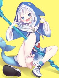 Rule 34 | 1girl, amagasa nadame, animal hood, ass, barefoot, blue hoodie, blue socks, claw pose, commentary request, fins, fish tail, gawr gura, gawr gura (1st costume), hands up, hololive, hololive english, hood, hood up, hoodie, knees up, long sleeves, polearm, shadow, shark hood, shark tail, shoes, unworn shoes, single shoe, single sock, socks, solo, tail, trident, virtual youtuber, weapon, white footwear, wide sleeves, yellow background