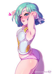 Rule 34 | 1girl, aqua hair, armor, armpits, ass, biting own lip, blue eyes, blush, bodysuit, bottomless, bulma, come hither, cowboy shot, dragon ball, dragonball z, heart, kajin (kajinman), looking at viewer, one eye closed, panties, parted lips, shiny skin, short hair, simple background, smile, solo, thighs, underwear, wedgie, white background, wide hips, wink