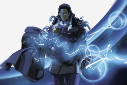 Rule 34 | 1boy, absurdres, arms behind back, black hair, buttons, coat, coat on shoulders, double-breasted, electricity, fate/grand order, fate (series), highres, long hair, male focus, nikola tesla (fate), purple shirt, shirt, viscontiapclyps