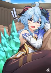 Rule 34 | !, !!, absurdres, ahoge, bare shoulders, black gloves, black legwear, blue hair, blush, crystal, curled horns, detached sleeves, fav faris, ganyu (genshin impact), genshin impact, gloves, gold trim, highres, horns, looking at viewer, multicolored eyes, signature, sitting, solo, tears, thighlet, wavy mouth, white sleeves