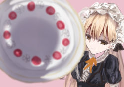Rule 34 | 1girl, blonde hair, blush, breasts, brown eyes, cake, cross, cross earrings, earrings, food, frilled hairband, frills, girls&#039; frontline, hairband, highres, incoming food, jewelry, looking at viewer, martinreaction, medium breasts, pov, ppk (girls&#039; frontline), puffy short sleeves, puffy sleeves, shaded face, short sleeves, smile, solo