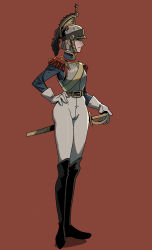Rule 34 | 1girl, black footwear, black hat, blue eyes, blue jacket, boots, brown hair, closed mouth, french army, full moon, gloves, hand on own hip, hat, helmet, highres, ho-uja, holding, holding sword, holding weapon, jacket, military, military hat, military jacket, military uniform, moon, original, pants, plume, red background, saber (weapon), shako cap, sheath, sheathed, simple background, solo, standing, sword, uniform, weapon, white gloves, white pants