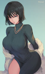 Rule 34 | 1girl, black hair, breasts, coat, commentary, covered navel, curvy, dress, english commentary, fubuki (one-punch man), fur coat, green eyes, highres, jewelry, large breasts, lips, long dress, necklace, off-shoulder coat, off shoulder, one-punch man, pearl necklace, ribbed dress, shexyo, short hair, side slit, solo, straight hair, thighs, turtleneck, turtleneck dress, undressing