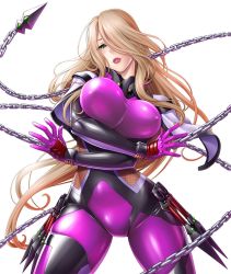 Rule 34 | 1girl, blonde hair, blush, bodysuit, breasts, chain, colored skin, cowboy shot, crossed arms, elbow gloves, female focus, gloves, green eyes, hair over one eye, highres, huge breasts, kunai, legs apart, lilith-soft, long hair, looking at viewer, narrow waist, sano toshihide, shiny skin, simple background, skin tight, smile, solo, standing, taimanin (series), taimanin asagi, taimanin asagi kessen arena, tekkain kaworu (taimanin asagi battle arena), thighs, very long hair, weapon, white background, white skin