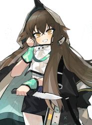Rule 34 | 1girl, :d, arknights, arm up, black skirt, blue wristband, blurry, blush, breasts, brown hair, coat, coat on shoulders, depth of field, grin, hair between eyes, hand up, highres, holding, holding knife, holding weapon, kafka (arknights), knife, long hair, looking at viewer, open mouth, orange eyes, retri, shirt, simple background, skirt, small breasts, smile, solo, tight clothes, tight shirt, very long hair, weapon, white background, white shirt