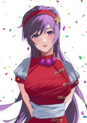 Rule 34 | 1girl, arms behind back, asamiya athena, bead necklace, beads, blush, confetti, dress, earrings, guitarist yui, hair ornament, hairband, jewelry, long hair, necklace, psycho soldier, purple eyes, purple hair, red hairband, solo, star (symbol), star hair ornament, the king of fighters, white background