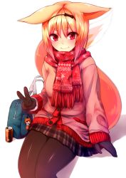 Rule 34 | 1girl, absurdres, animal ears, bad id, bad pixiv id, bag, blonde hair, can, fox ears, fox tail, gloves, hairband, highres, looking at viewer, original, pantyhose, red eyes, scarf, short hair, simple background, sitting, skirt, smile, solo, sukemyon, tail, v, white background