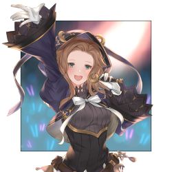 Rule 34 | 1girl, belt, bow, breasts, brown hair, florence (granblue fantasy), gloves, glowstick, granblue fantasy, green eyes, hood, medium breasts, microphone, music, singing, solo, white gloves, wide sleeves, wuming