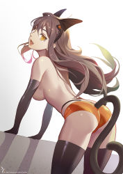 Rule 34 | 1girl, animal ears, ass, black gloves, black thighhighs, breasts, cat ears, cat tail, convenient censoring, elbow gloves, fake animal ears, fang, gloves, hairband, highres, kakiman, leaning forward, long hair, looking back, panties, red panties, smile, solo, tail, thighhighs, topless, underwear, watermark, web address, yellow eyes