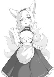 Rule 34 | 1girl, absurdres, alternate costume, animal ears, apron, arknights, braid, breasts, breasts out, dress, enmaided, fox ears, fox girl, fox tail, frilled dress, frills, greyscale, hair between eyes, hairband, highres, holding, ke&#039;ai qu qu, kitsune, long hair, looking at viewer, maid, maid apron, monochrome, multiple tails, nipples, open mouth, simple background, small breasts, solo, suzuran (arknights), tail, white background, wrist cuffs