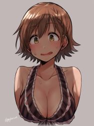 Rule 34 | 1girl, bare shoulders, bikini, blush, breasts, brown eyes, brown hair, cleavage, collarbone, commentary request, frilled bikini, frills, front-tie bikini top, front-tie top, gojarun, hair between eyes, highres, honda mio, idolmaster, idolmaster cinderella girls, large breasts, looking at viewer, open mouth, shadow, short hair, simple background, solo, swimsuit, tan, tanline, twitter username, upper body