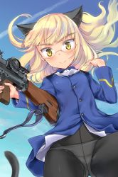Rule 34 | 1girl, animal ears, aohashi ame, ascot, black pantyhose, blonde hair, blue jacket, blue sky, blunt bangs, bren lmg, cat ears, cat tail, crotch seam, day, flying, glasses, gun, highres, holding, holding gun, holding weapon, jacket, light machine gun, long hair, long sleeves, looking at viewer, machine gun, military, military uniform, no pants, panties, panties under pantyhose, pantyhose, perrine h. clostermann, sky, smile, solo, squad automatic weapon, strike witches, tail, underwear, uniform, weapon, white ascot, wind, world witches series, yellow eyes