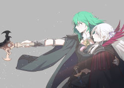 Rule 34 | 2girls, arm around shoulder, arm guards, armor, byleth (female) (fire emblem), byleth (fire emblem), clothing cutout, coat, dagger, edelgard von hresvelg, feather trim, fire emblem, fire emblem: three houses, green hair, grey hair, heroes relic (fire emblem), highres, knife, looking to the side, multiple girls, navel cutout, nintendo, pointing sword, pointing weapon, serious, spoilers, sword of the creator, weapon, yukina megumi