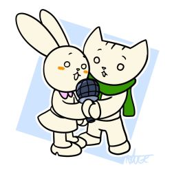 Rule 34 | 1boy, 1girl, animal ears, blush stickers, cat boy, commentary, couple, crossover, doki, english commentary, friday night funkin&#039;, furry, furry female, furry male, green scarf, holding, holding microphone, microphone, nabi, open mouth, pants, rabbit ears, rabbit girl, scarf, sharing, shirt, shoes, signature, simple background, skirt, standing, thegreatrouge, there she is!!, white footwear, white pants, white shirt, white skirt