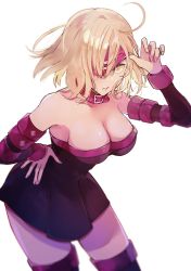Rule 34 | 1girl, bare shoulders, blindfold, blonde hair, breasts, cleavage, commentary request, cosplay, detached sleeves, dress, fate/grand order, fate/stay night, fate (series), highres, jeanne d&#039;arc (fate), jeanne d&#039;arc alter (avenger) (fate), jeanne d&#039;arc alter (fate), large breasts, medusa (fate), medusa (rider) (fate), medusa (rider) (fate) (cosplay), ryousuke (tukr5384), short hair, solo, strapless, strapless dress