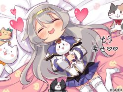 Rule 34 | 1girl, blush, cat, eco (petticoat), closed eyes, grey hair, hairband, heart, lucille aleister, official art, open mouth, pleated skirt, pop-up story, shiroe adele, skirt, solo, stuffed animal, stuffed cat, stuffed toy, thighhighs, wavy mouth, white thighhighs