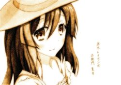 Rule 34 | 10s, 1girl, artist name, brown hair, character name, copyright name, dress, hair between eyes, hat, icchi, looking at viewer, monochrome, simple background, smile, solo, sun hat, sundress, tokyo ravens, tsuchimikado natsume, white background