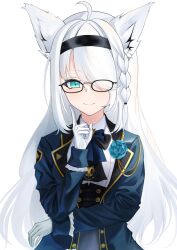 Rule 34 | 1girl, animal ears, aqua eyes, glasses, gloves, hololive, long hair, looking at viewer, ming.tian, shirakami fubuki, simple background, solo, virtual youtuber, white gloves, white hair, wolf ears