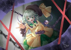 Rule 34 | 1girl, black hat, bow, breasts, buttons, chain, crying, crying with eyes open, diamond button, eyeball, frilled shirt collar, frilled sleeves, frills, green eyes, green hair, green skirt, hat, hat bow, hat ribbon, highres, komeiji koishi, long sleeves, looking at viewer, medium breasts, noibara noy, open hand, open mouth, outstretched arm, reaching, reaching towards viewer, ribbon, shirt, short hair, skirt, sleeves past elbows, sleeves past wrists, solo, standing, tears, third eye, touhou, wide sleeves, yellow bow, yellow ribbon, yellow shirt