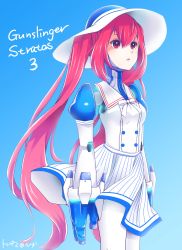 Rule 34 | 10s, 1girl, absurdres, android, breasts, commentary request, copyright name, dress, gunslinger stratos, hat, highres, humanoid robot, joints, red eyes, red hair, robot, robot joints, small breasts, solo, sun hat, toppema mapetto, white dress, xi-988