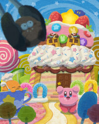 Rule 34 | blush stickers, cake, candy, chocolate, closed mouth, cook kirby, copy ability, cup, food, food focus, fruit, highres, kirby, kirby&#039;s dream buffet, kirby (series), ladle, lollipop, looking at viewer, miclot, nintendo, no humans, open mouth, pink footwear, shoes, smile, sprinkles, strawberry, teacup, tongs, wafer stick