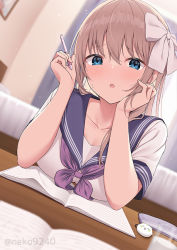 Rule 34 | 1girl, bed, black sailor collar, blue eyes, blush, book, bow, breast rest, breasts, brown hair, cup, drink, drinking glass, dutch angle, eraser, hair bow, holding, holding pen, homework, indoors, large breasts, long hair, looking at viewer, neckerchief, nekokobushi, open book, original, pen, pencil case, pov, purple neckerchief, sailor collar, school uniform, serafuku, shirt, short sleeves, solo, table, twitter username, upper body, white bow, white shirt