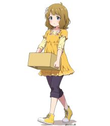 Rule 34 | ahoge, blue eyes, blush, box, brown hair, commentary request, dress, expressionless, flower, hair flower, hair ornament, high tops, highres, holding, holding box, idolmaster, idolmaster million live!, kurobako bb, pants, puffy sleeves, short hair, sidelocks, sneakers, solo, suou momoko, walking, wavy hair, white background, yellow dress, yellow footwear