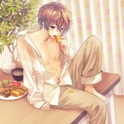 Rule 34 | 1boy, baklava, barefoot, bowl, brown eyes, brown hair, brown pants, burakon!, curtains, eating, food, honey, indoors, jacket, looking at viewer, male focus, minamibe, navel, official art, omelet, on table, pants, rice bowl, sitting, solo, soup, suggestive fluid, table, tamagoyaki, tomato, tree, unbuttoned, unbuttoned shirt