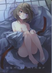 Rule 34 | 10s, 1girl, bare shoulders, barefoot, blue eyes, blush, breasts, brown hair, cleavage, feet, green eyes, heterochromia, highres, idolmaster, idolmaster cinderella girls, japanese clothes, kimono, knees to chest, latin text, hugging own legs, looking at viewer, lying, mole, mole under eye, off shoulder, on back, open mouth, parted lips, sakayama shinta, scan, short hair, solo, takagaki kaede, toes, yukata