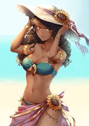 Rule 34 | 1girl, armlet, armpits, bandeau, bare shoulders, beach, bikini, blue bikini, blurry, blurry background, breasts, brown hair, cleavage, closed mouth, collarbone, commentary request, cowboy shot, curly hair, dark-skinned female, dark skin, day, depth of field, facial mark, flower, hands on headwear, hat, hat flower, jewelry, long hair, looking at viewer, medium breasts, necklace, ocean, original, outdoors, red eyes, sarong, solo, standing, strapless, strapless bikini, sun hat, sunflower, sweat, swimsuit, underboob, wani (fadgrith), water, white hat