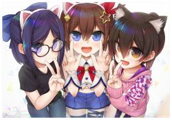 Rule 34 | 3girls, a-chan (hololive), animal ears, bad id, bad pixiv id, black shirt, blue bow, blue eyes, blue skirt, bow, brown eyes, buttons, cat ears, closed mouth, collarbone, denim, double v, from above, girl sandwich, glasses, hair bow, hair ornament, hololive, hood, hoodie, jeans, looking at viewer, miniskirt, multiple girls, navel, open mouth, pants, pink hoodie, ponytail, purple eyes, red bow, roboco-san, roboco-san (hoodie), sandwiched, shirt, skirt, sleeveless, smile, star (symbol), star hair ornament, t-shirt, tanyatonya, thighhighs, tokino sora, tokino sora (1st costume), v, v v, virtual youtuber, zettai ryouiki