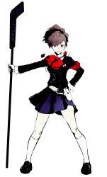 Rule 34 | 1girl, absurdres, bow, bowtie, brown hair, closed mouth, commentary request, full body, hair ornament, hairclip, hand on own hip, headphones, high contrast, highres, kneehighs, legs apart, looking at viewer, persona, persona 3, persona 3 portable, persona q2: new cinema labyrinth, persona q (series), red bow, red bowtie, red eyes, school uniform, shiomi kotone, short hair, simple background, skirt, smile, socks, solo, standing, white background, white socks