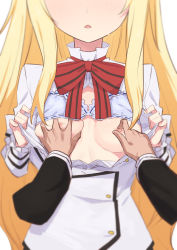 Rule 34 | 1boy, 1girl, blonde hair, bow, bowtie, bra, bra lift, breasts, breasts out, disembodied hand, grabbing, grabbing another&#039;s breast, head out of frame, highres, juliet persia, kishuku gakkou no juliet, long hair, long sleeves, male hand, morisobo, nipple stimulation, nipple tweak, nipples, open clothes, open mouth, open shirt, school uniform, shirt, sidelocks, simple background, solo focus, standing, underwear, upper body, very long hair, white background