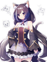 Rule 34 | 1girl, animal ear fluff, animal ears, arm at side, armpit crease, bare shoulders, black hair, blurry, blush, breasts, brooch, cat ears, cat girl, cat tail, chibi, chibi inset, closed mouth, commentary, corset, cowboy shot, cross tie, depth of field, detached sleeves, dress, frown, green eyes, hand on own hip, highres, jewelry, karyl (princess connect!), low twintails, maigo (user xkwr8585), multicolored hair, princess connect!, purple skirt, skirt, sleeveless, sleeveless dress, small breasts, solo, streaked hair, tail, thighhighs, twintails, white background