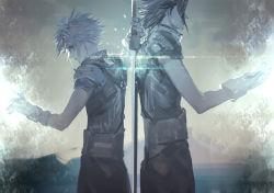 Rule 34 | 2boys, armor, back-to-back, belt, black hair, blonde hair, buster sword, cloud strife, cowboy shot, dated, final fantasy, final fantasy vii, final fantasy vii remake, gloves, looking down, male focus, medium hair, multiple boys, outstretched hand, pants, parted bangs, profile, riio, short hair, shoulder armor, sleeveless, sleeveless turtleneck, spiked hair, standing, suspenders, turtleneck, weapon behind back, zack fair