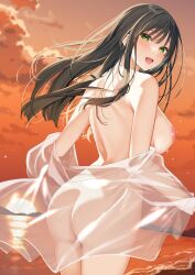 Rule 34 | 1girl, ass, back, bare back, bekotarou, black hair, blush, breasts, cloud, cloudy sky, evening, from behind, gradient sky, green eyes, highres, horizon, large breasts, long hair, looking at viewer, looking back, median furrow, naked shirt, nipples, ocean, open mouth, orange sky, original, outdoors, see-through, see-through shirt, shirt, shoulder blades, sideboob, sky, smile, solo, standing, sun, sunset, undressing, water, wet