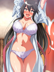 Rule 34 | 1girl, absurdres, alternate costume, arms up, bath yukata, black hair, blush, bouncing breasts, bra, breasts, brown eyes, cleavage, commentary request, commission, dilated pupils, feet out of frame, haruna (kancolle), highres, japanese clothes, kantai collection, kimono, large breasts, long hair, mouth hold, nose blush, open clothes, open kimono, open mouth, panties, pixiv commission, solo, surprised, thigh gap, underwear, white bra, white panties, yukata, zanntetu