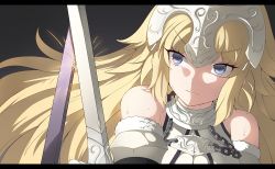 Rule 34 | &gt;:(, 1girl, armor, bare shoulders, battle, blonde hair, blue eyes, chain, closed mouth, detached sleeves, fate/apocrypha, fate/grand order, fate (series), frown, headpiece, jeanne d&#039;arc (fate), jeanne d&#039;arc (ruler) (fate), jeanne d&#039;arc (third ascension) (fate), k jin, letterboxed, long hair, sidelocks, solo, sweat, sword, upper body, v-shaped eyebrows, weapon