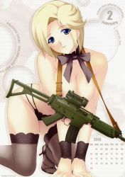 Rule 34 | 00s, 10s, 1girl, 2009, 2010, absurdres, all fours, assault rifle, bent over, black panties, black thighhighs, blonde hair, blue eyes, bow, bowtie, breasts, calendar, censored, cleavage, convenient censoring, february, feet, fn fnc, grey thighhighs, gun, head tilt, high heels, highres, hip focus, huge filesize, lace, lace-trimmed legwear, lace trim, large breasts, legs, light smile, lingerie, looking at viewer, miyata sou, muv-luv, muv-luv alternative, muv-luv total eclipse, panties, rifle, shoes, short hair, solo, stella bremer, thighhighs, thighs, thong, toes, topless, total eclipse, underwear, weapon, wrist cuffs