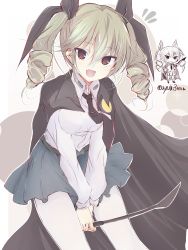 Rule 34 | 10s, 1girl, anchovy (girls und panzer), anzio school uniform, bad id, bad twitter id, belt, black belt, black cape, black necktie, black ribbon, black skirt, cape, chibi, commentary, dress shirt, drill hair, fang, getsumen suibaku ver. a(c), girls und panzer, green hair, hair ribbon, highres, holding, leaning forward, long hair, long sleeves, looking at viewer, miniskirt, necktie, open mouth, pantyhose, pleated skirt, red eyes, ribbon, riding crop, school uniform, shirt, skirt, smile, solo, standing, twin drills, twintails, twitter username, white pantyhose, white shirt