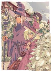 Rule 34 | 1boy, 1girl, alternate costume, alternate hairstyle, blonde hair, blush stickers, broom, creature, dark magician, dark magician girl, duel monster, hair between eyes, hat, highres, holding, holding broom, holding staff, kuriboh, looking at another, looking to the side, morijio (pnpn no mm), purple hair, smile, staff, tree, wizard hat, yu-gi-oh!