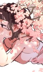 Rule 34 | 0 05kmgrn, 1girl, absurdres, bare arms, black eyes, branch, brown hair, camisole, cherry blossoms, commentary request, elbow rest, falling petals, highres, lying, on stomach, original, petals, pink camisole, short hair, solo, spaghetti strap, upper body