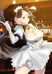 Rule 34 | 1girl, absurdres, animal collar, animal ears, apron, bar (place), bar stool, bell, bottle, breasts, brown hair, cleavage, colive, collar, dog ears, dog girl, dog tail, frilled apron, frills, gun, hachiko (last origin), hachiko of castling, hand on own hip, handgun, highres, holding, holding gun, holding weapon, index finger raised, indoors, jingle bell, large breasts, last origin, maid, maid headdress, multicolored hair, neck bell, parted lips, photo background, red collar, red eyes, revolver, solo, split-color hair, stool, swept bangs, tail, tareme, two-tone hair, weapon, white apron, white hair
