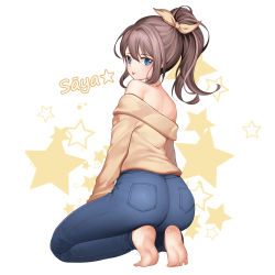Rule 34 | absurdres, ass, bang dream!, bare shoulders, barefoot, blue eyes, brown hair, character name, commentary request, denim, dopamine70, from behind, hair ribbon, highres, jeans, kneeling, long hair, looking at viewer, pants, ponytail, ribbon, smile, tongue, tongue out, yamabuki saya