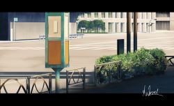 Rule 34 | bad id, bad pixiv id, building, bush, cityscape, commentary request, fence, guard rail, hakuurei amano, highres, no humans, original, outdoors, road, road sign, scenery, shadow, sign, street, traffic light, watermark