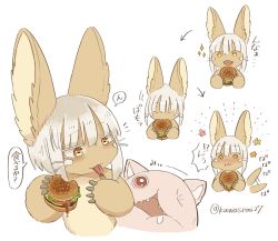 Rule 34 | 1other, brown eyes, eating, food, furry, burger, highres, kawasemi27, made in abyss, mitty (made in abyss), nanachi (made in abyss), short hair, white hair