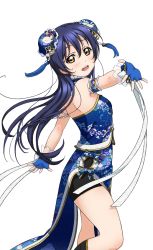Rule 34 | 1girl, artist request, back, bare shoulders, blue hair, blush, bow, breasts, brown eyes, bun cover, china dress, chinese clothes, double bun, dress, fingerless gloves, floral print, gloves, hair bun, long hair, looking at viewer, love live!, love live! school idol festival, love live! school idol festival after school activity, love live! school idol project, official art, open mouth, ribbon, shorts, side slit, sleeveless, smile, solo, sonoda umi, transparent background