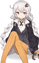 Rule 34 | 1girl, ahoge, blue eyes, braid, commentary, fang, fang out, highres, jacket, kizuna akari, long hair, long sleeves, looking at viewer, orange pantyhose, pantyhose, shone, simple background, sitting, smile, solo, striped clothes, striped pantyhose, twin braids, vertical-striped clothes, vertical-striped pantyhose, very long hair, vocaloid, voiceroid, white background, white hair