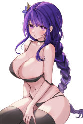 Rule 34 | 1girl, absurdres, ash (cat7evy), bare shoulders, black bra, black choker, black panties, black thighhighs, blush, bra, braid, breasts, choker, cleavage, closed mouth, collarbone, flower, genshin impact, hair flower, hair ornament, highres, large breasts, long hair, looking at viewer, low-braided long hair, low-tied long hair, mole, mole under eye, navel, panties, purple eyes, purple flower, purple hair, raiden shogun, simple background, sitting, smile, solo, stomach, strap slip, thighhighs, underwear, underwear only, very long hair, white background