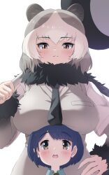 2girls :&lt; animal_ears bear_ears bear_girl black_hair brown_eyes brown_fur brown_necktie brown_vest captain_(kemono_friends) fur_collar fur_trim grey_hair grey_shirt grizzly_bear_(kemono_friends) hair_between_eyes hand_on_own_hip height_difference highres kemono_friends light_brown_hair long_sleeves multicolored_hair multiple_girls necktie open_mouth orange_eyes paw_stick shirt short_hair short_sleeves sidelocks t-shirt tayuura_(kuwo) two-tone_hair vest